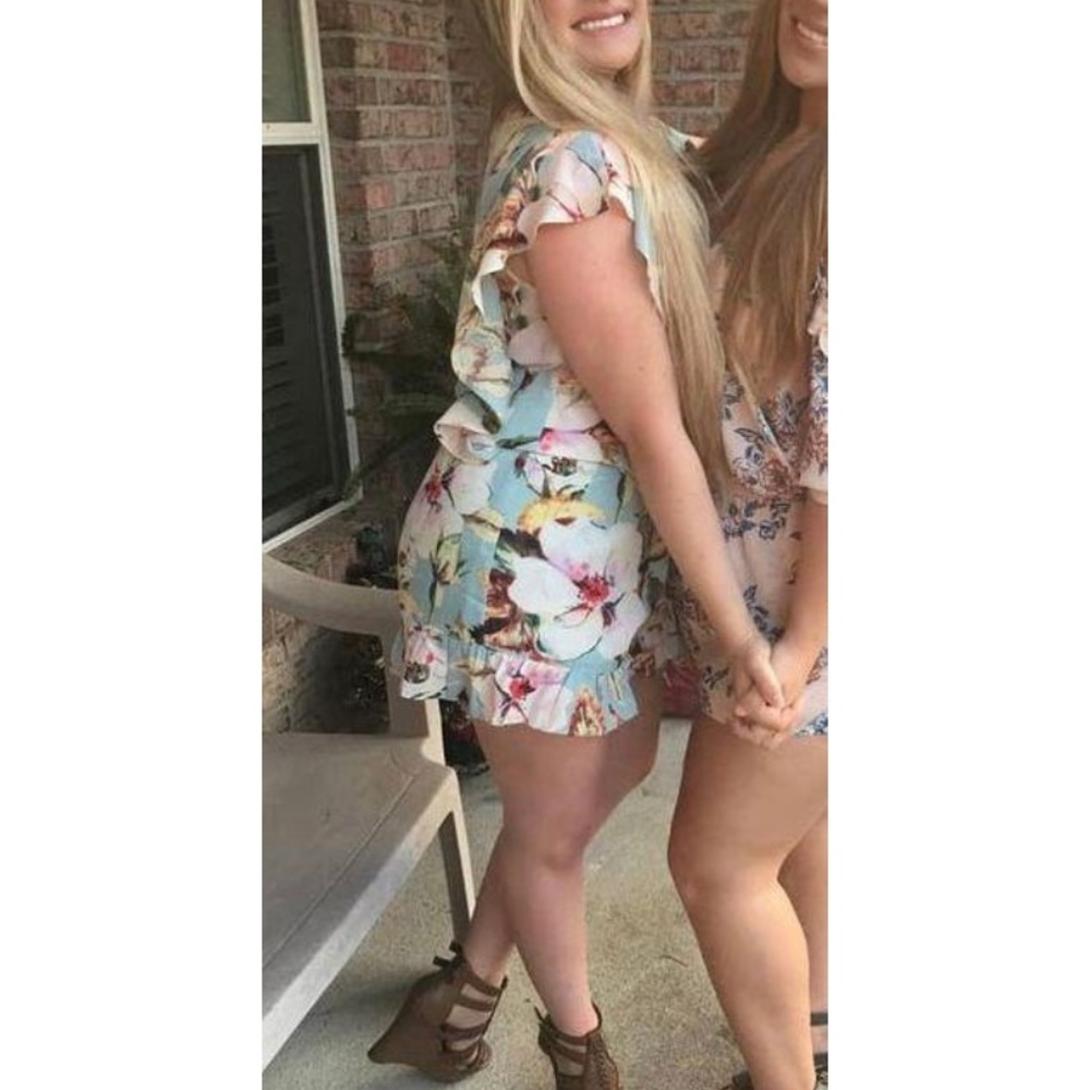 Umgee Light Blue Floral Ruffle Romper